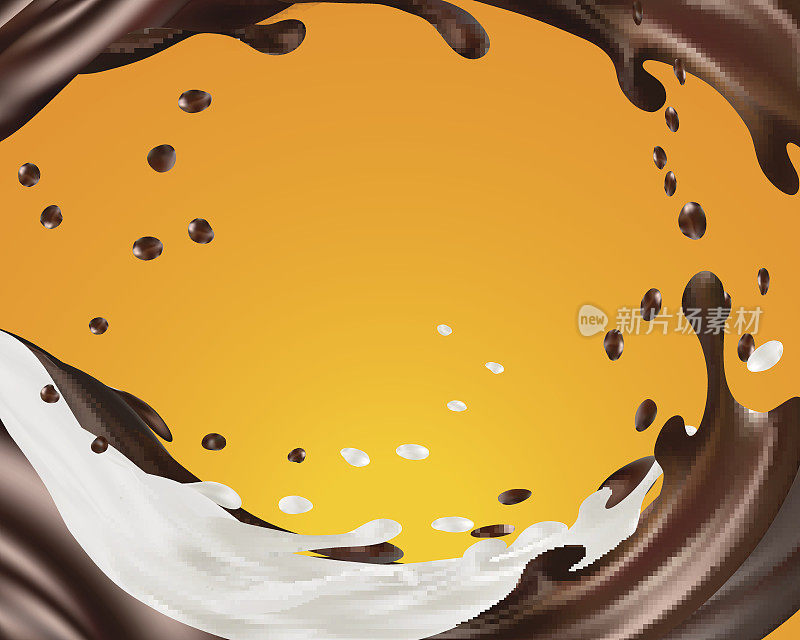 牛奶和巧克力飞溅矢量隔离在橙色背景。倒出的液体或奶昔带有斑点。3 d演示。